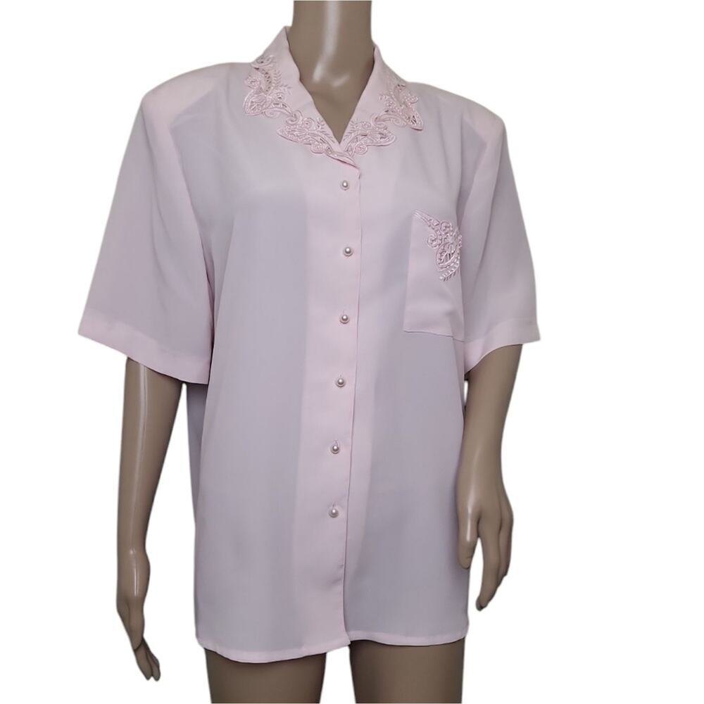 Kathy Che Embroidered Pearl Collar Pink Button Down Blouse